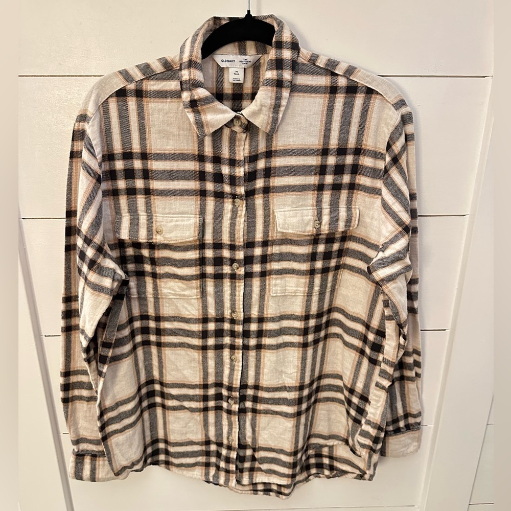 OLD NAVY Oversized boyfriend cotton plaid outerwear athleisure button top M Tall